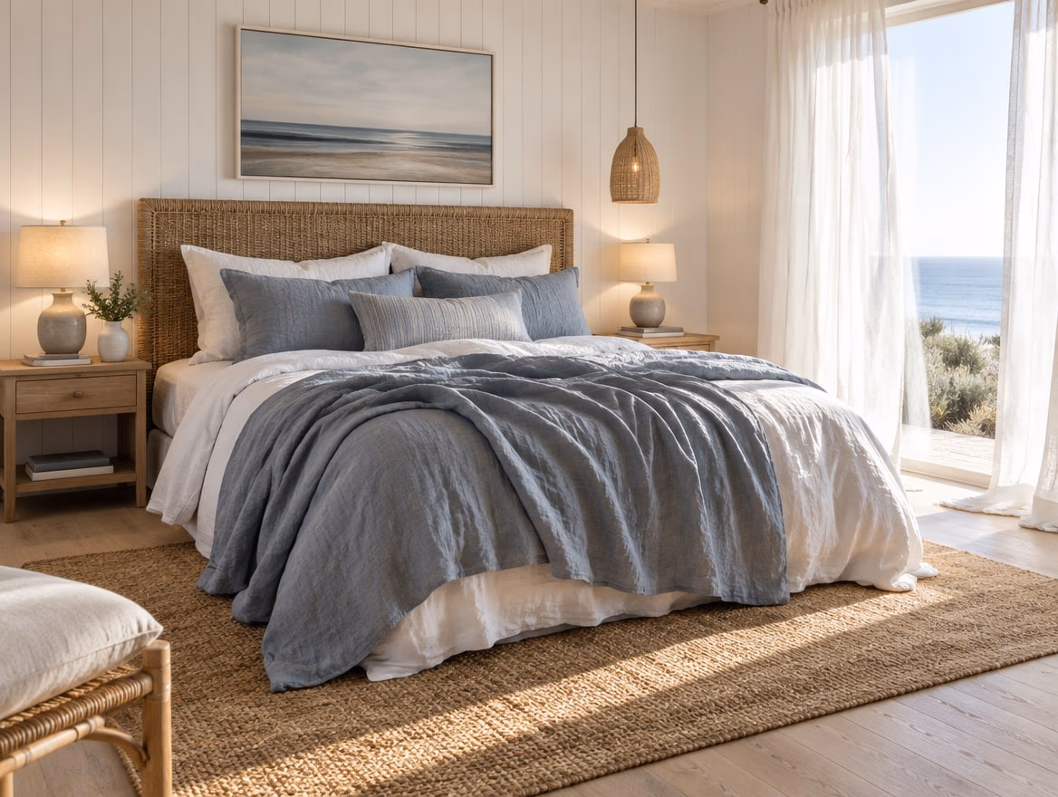 A bedroom rendered by RoomGPT in Coastal