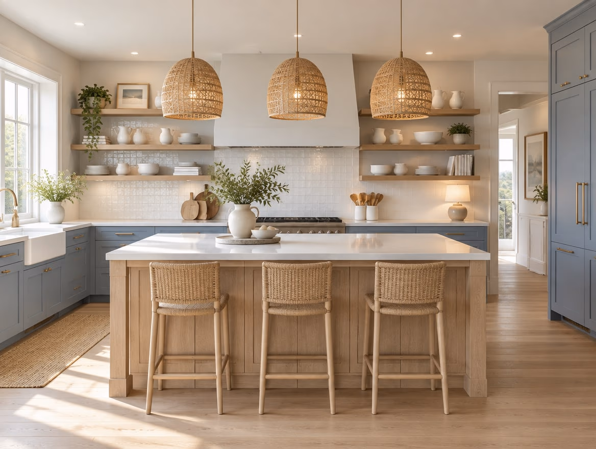 A kitchen rendered by RoomGPT in Coastal