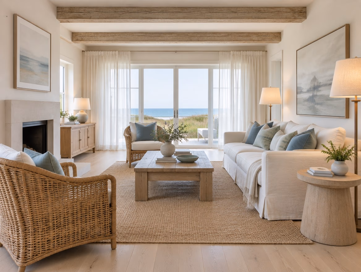 A living room rendered by RoomGPT in Coastal