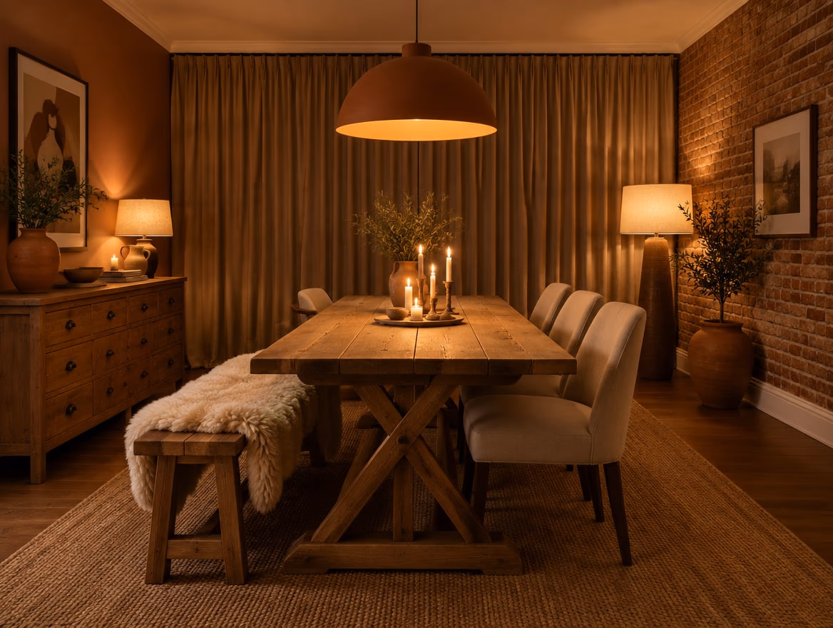 A dining room rendered by RoomGPT in Cozy