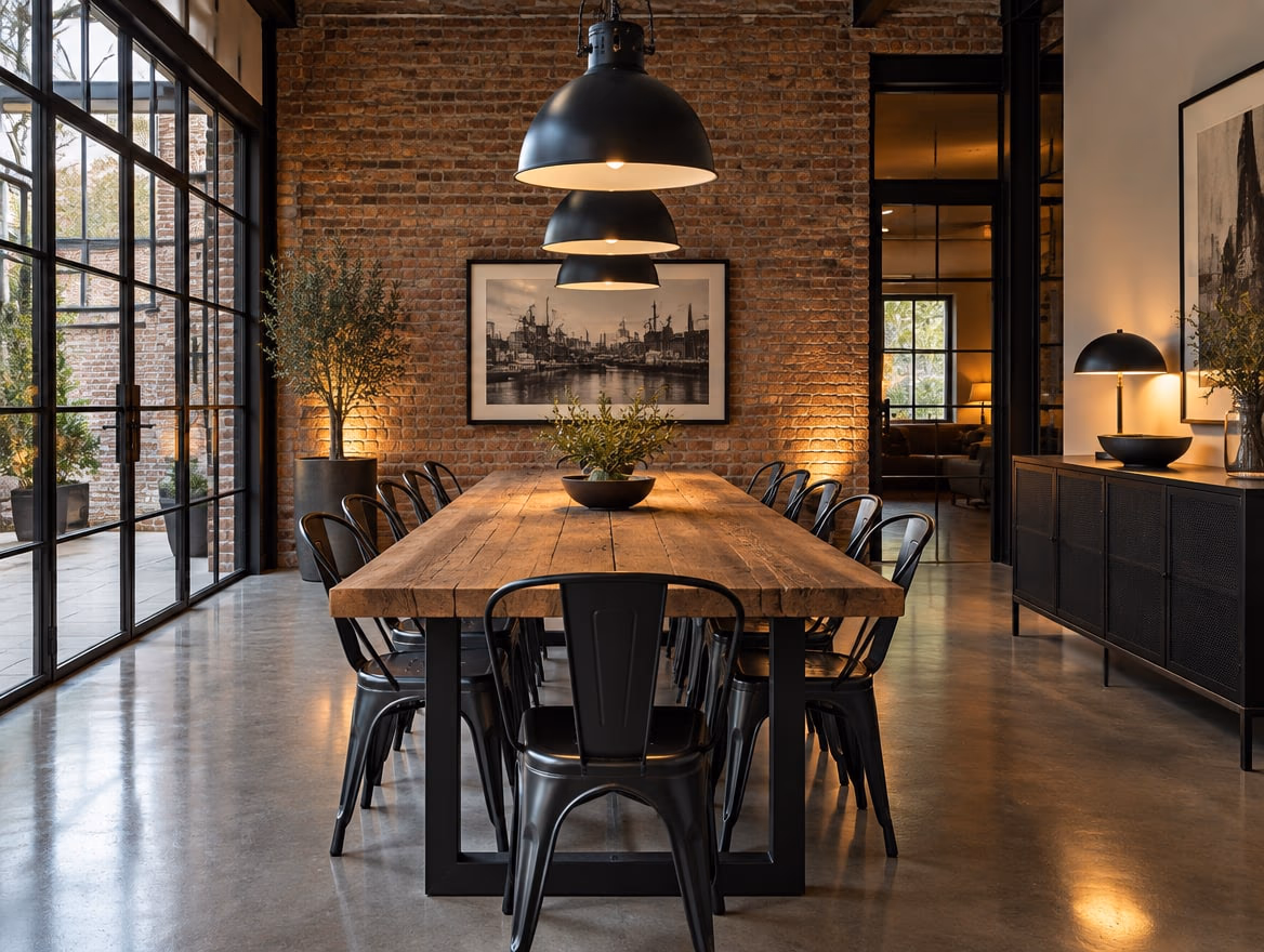 A dining room rendered by RoomGPT in Industrial
