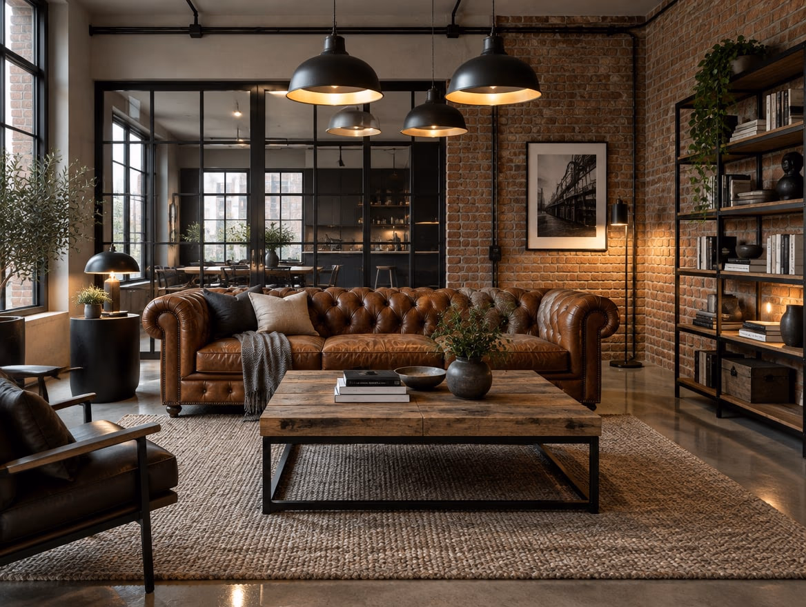 A living room rendered by RoomGPT in Industrial