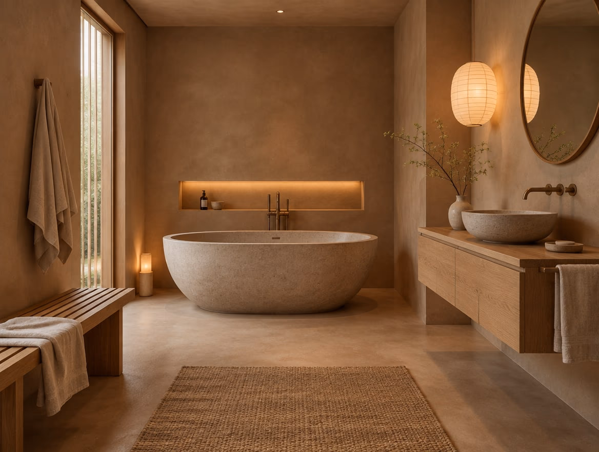 A bathroom rendered by RoomGPT in Japandi