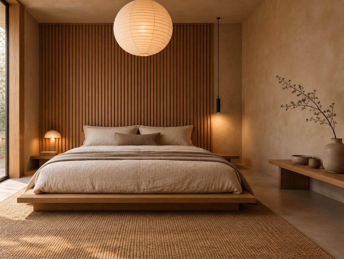 A bedroom rendered by RoomGPT in Japandi