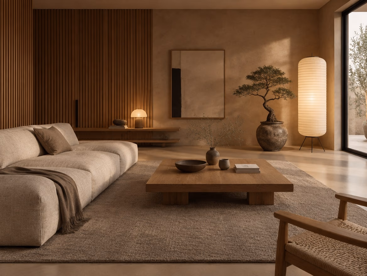 A living room rendered by RoomGPT in Japandi