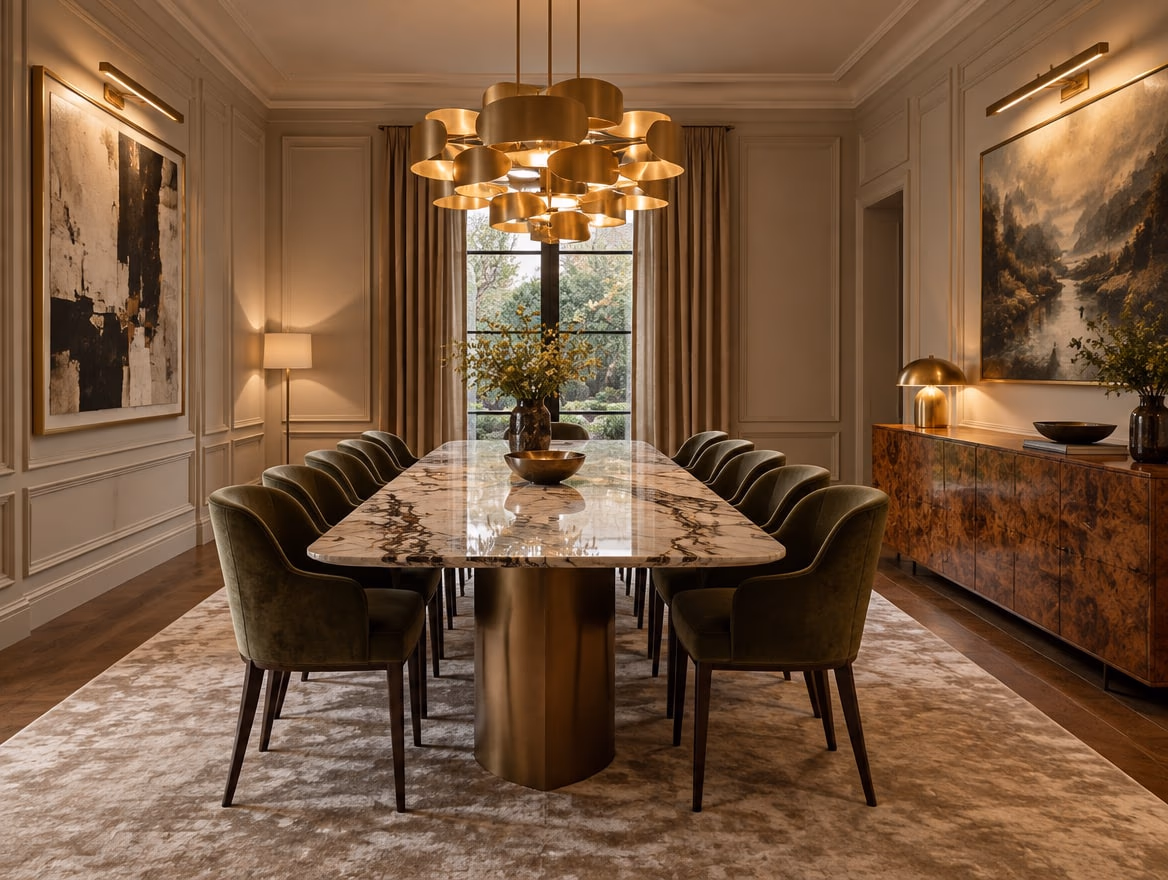 A dining room rendered by RoomGPT in Luxury