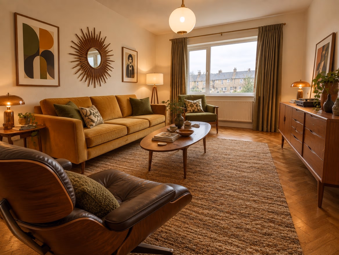 The same room rendered by RoomGPT in Mid-century modern