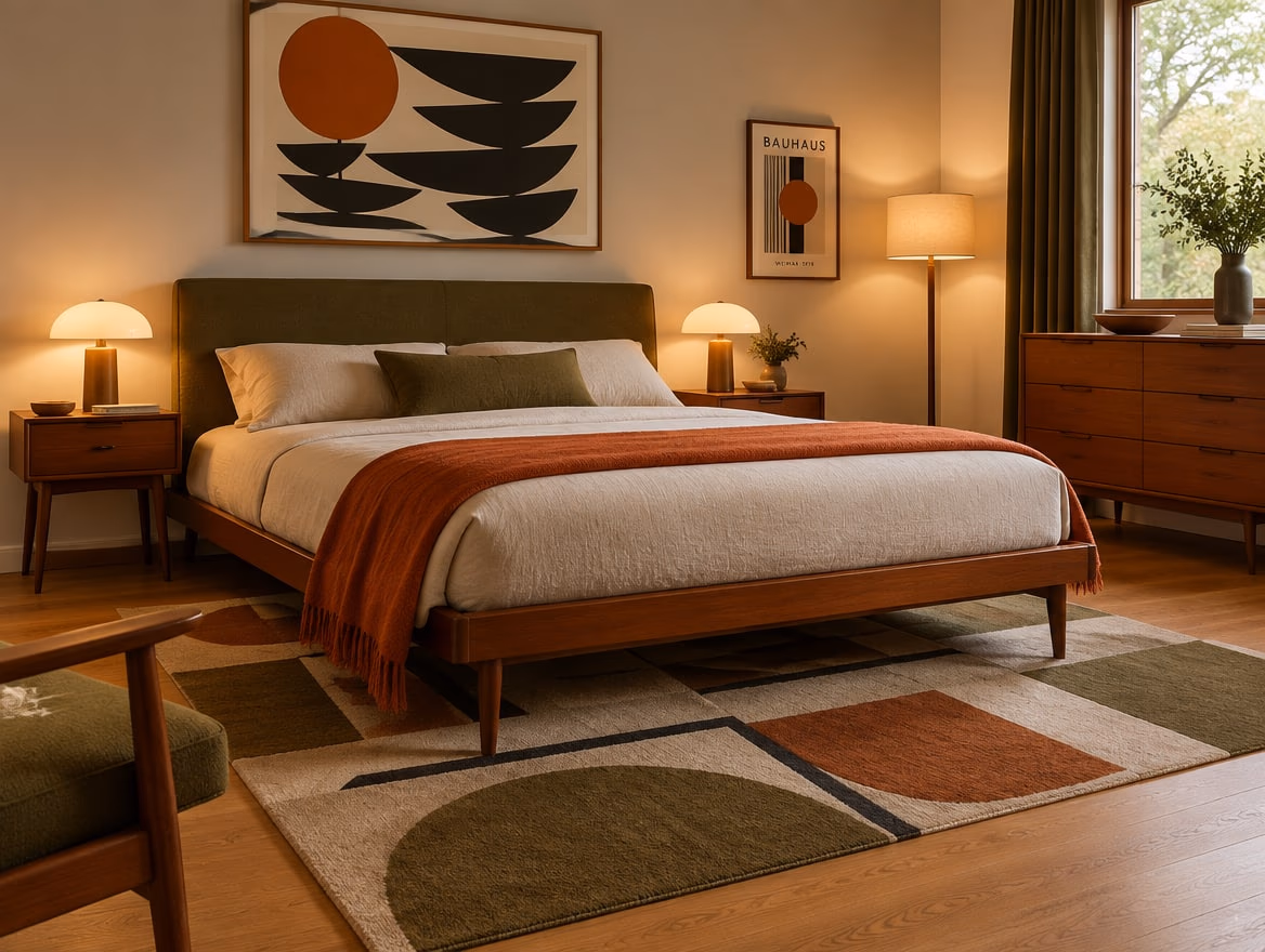 A bedroom rendered by RoomGPT in Mid-century modern