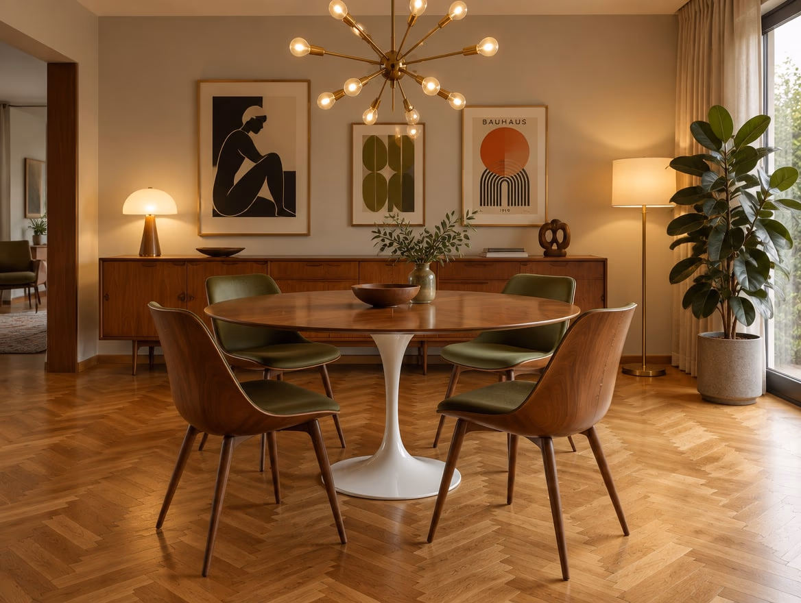 A dining room rendered by RoomGPT in Mid-century modern
