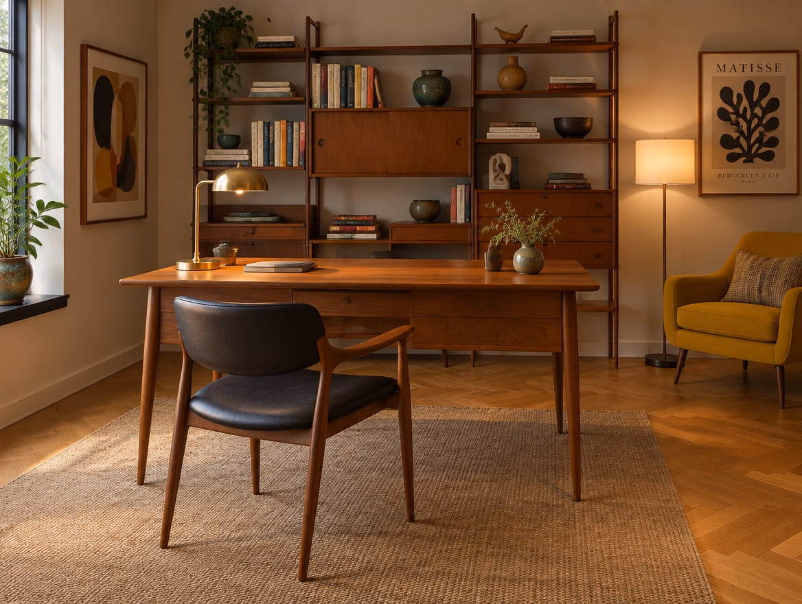 A home office rendered by RoomGPT in Mid-century modern