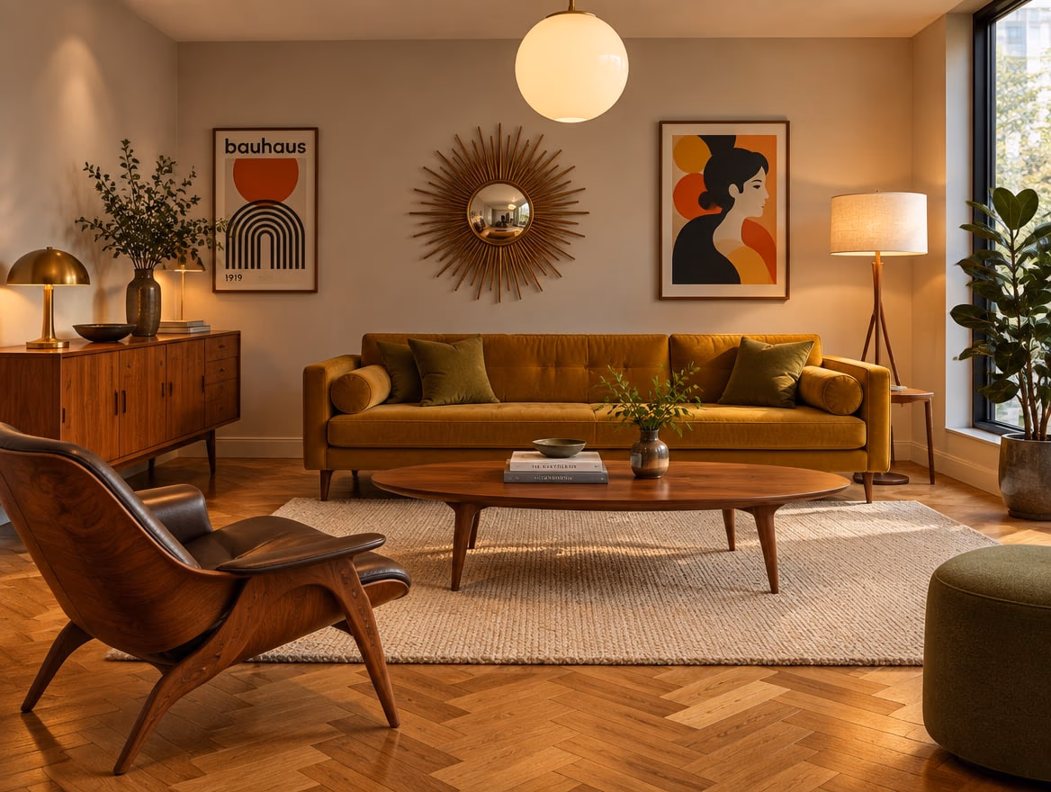 A living room rendered by RoomGPT in Mid-century modern