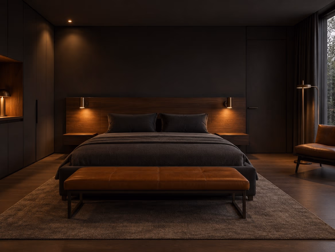 A bedroom rendered by RoomGPT in Dark minimalist
