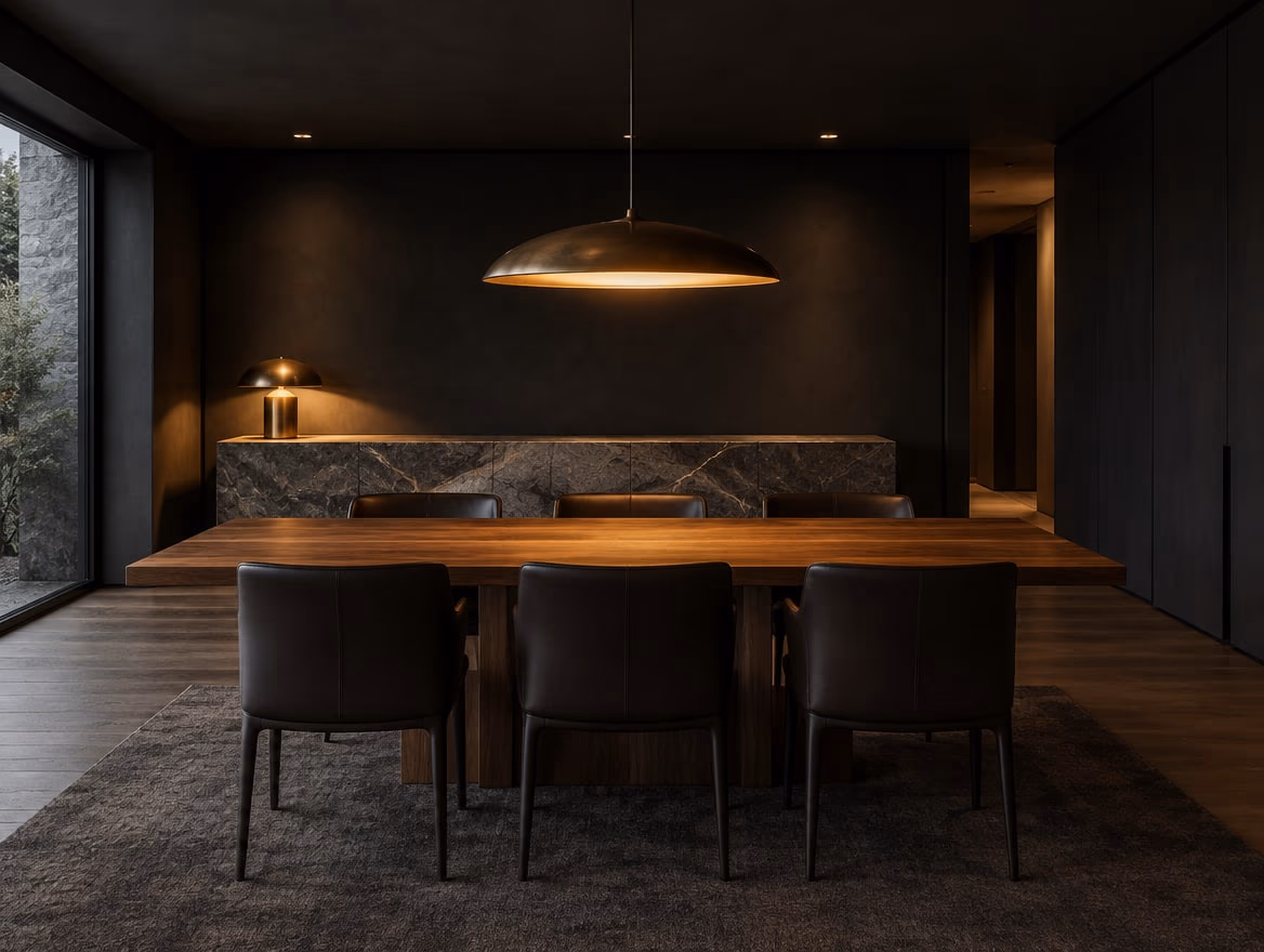 A dining room rendered by RoomGPT in Dark minimalist