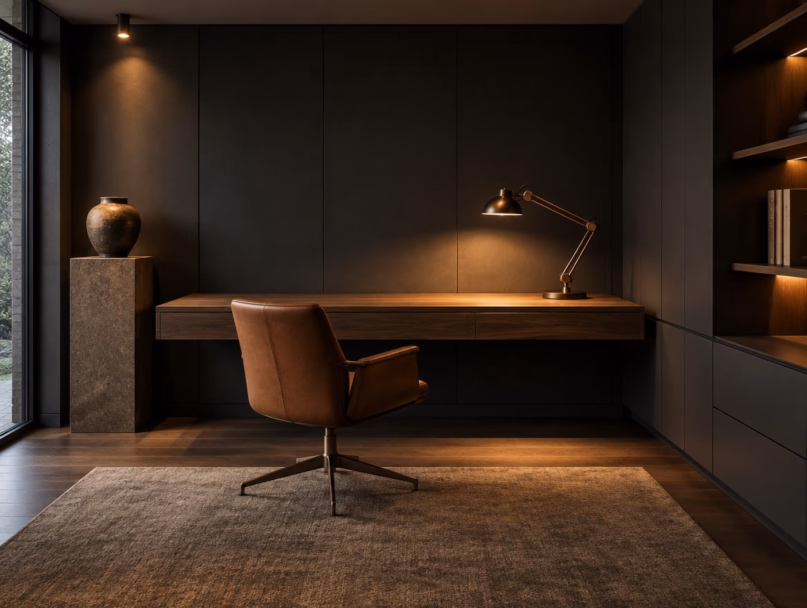 A home office rendered by RoomGPT in Dark minimalist