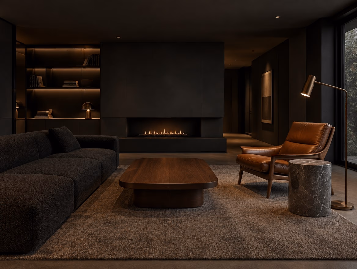 A living room rendered by RoomGPT in Dark minimalist