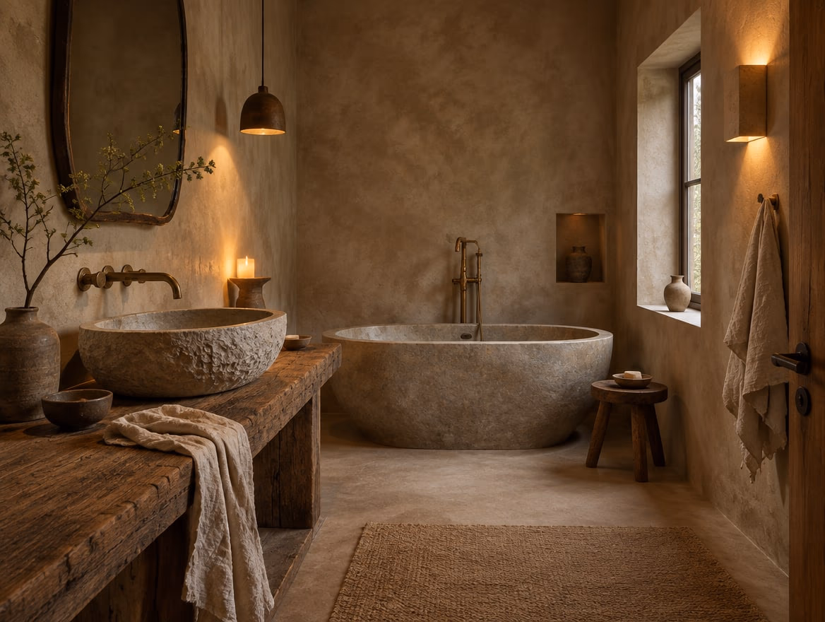 A bathroom rendered by RoomGPT in Wabi sabi