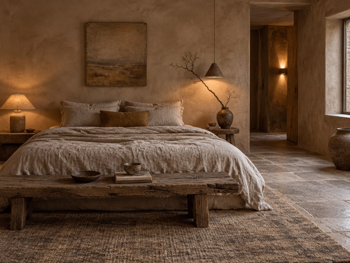 A bedroom rendered by RoomGPT in Wabi sabi