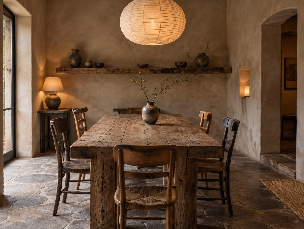 A dining room rendered by RoomGPT in Wabi sabi