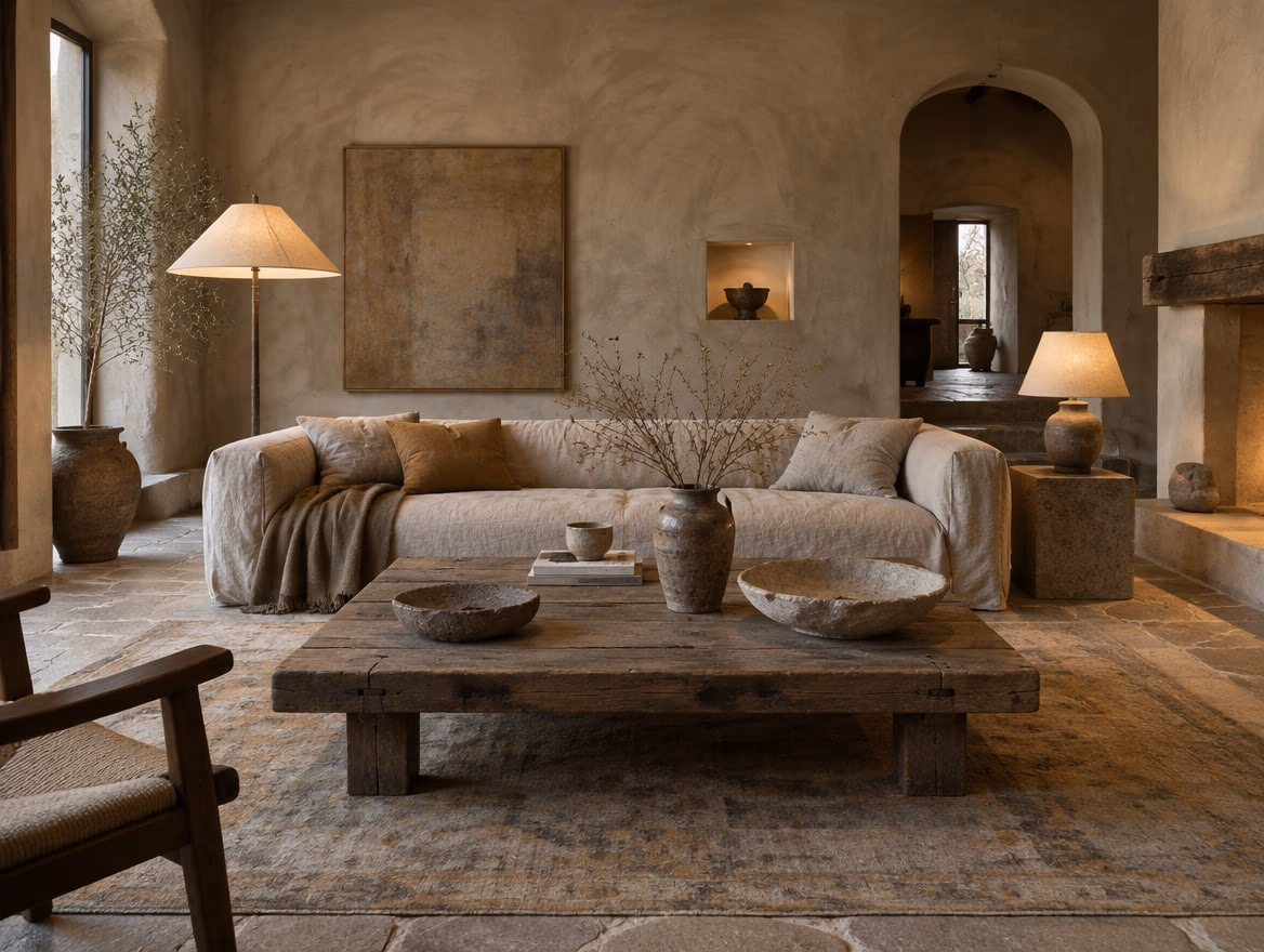 A living room rendered by RoomGPT in Wabi sabi