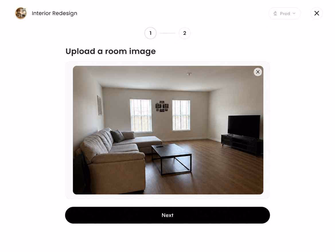 The RoomGPT upload state with a room photo being added